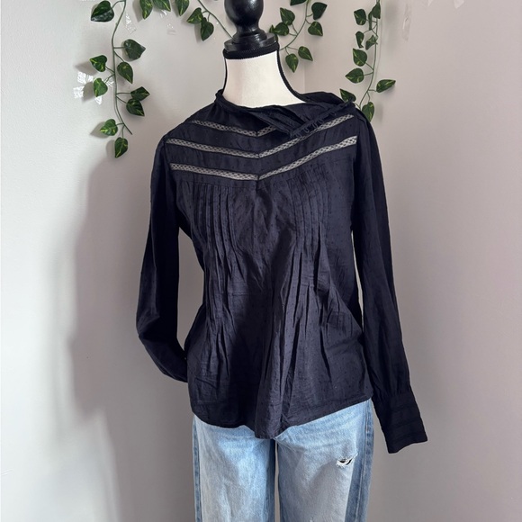 Women's Black Lace-Trim High-Neck Long Sleeve Blouse - Picture 12 of 14